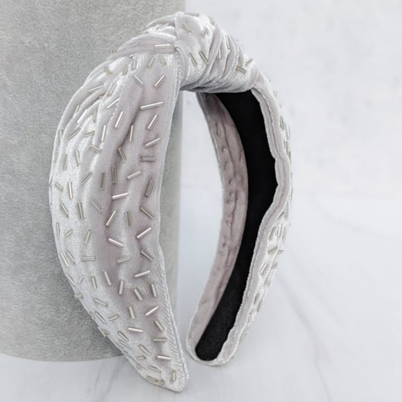 Silver Confetti Knot Velvet Headband Bugle Beads Handmade Knotted Turban Party main image 7